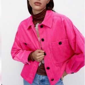 Women’s Zara Pink Corduroy Full Button Front Pocket Shacket Coat Size Medium